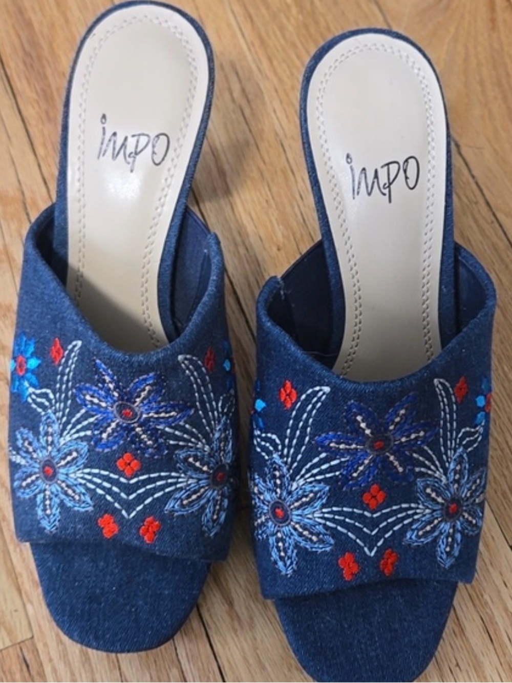 Impo Denim Embroidered Slide Mules in Navy with Red & Light Blue Accents